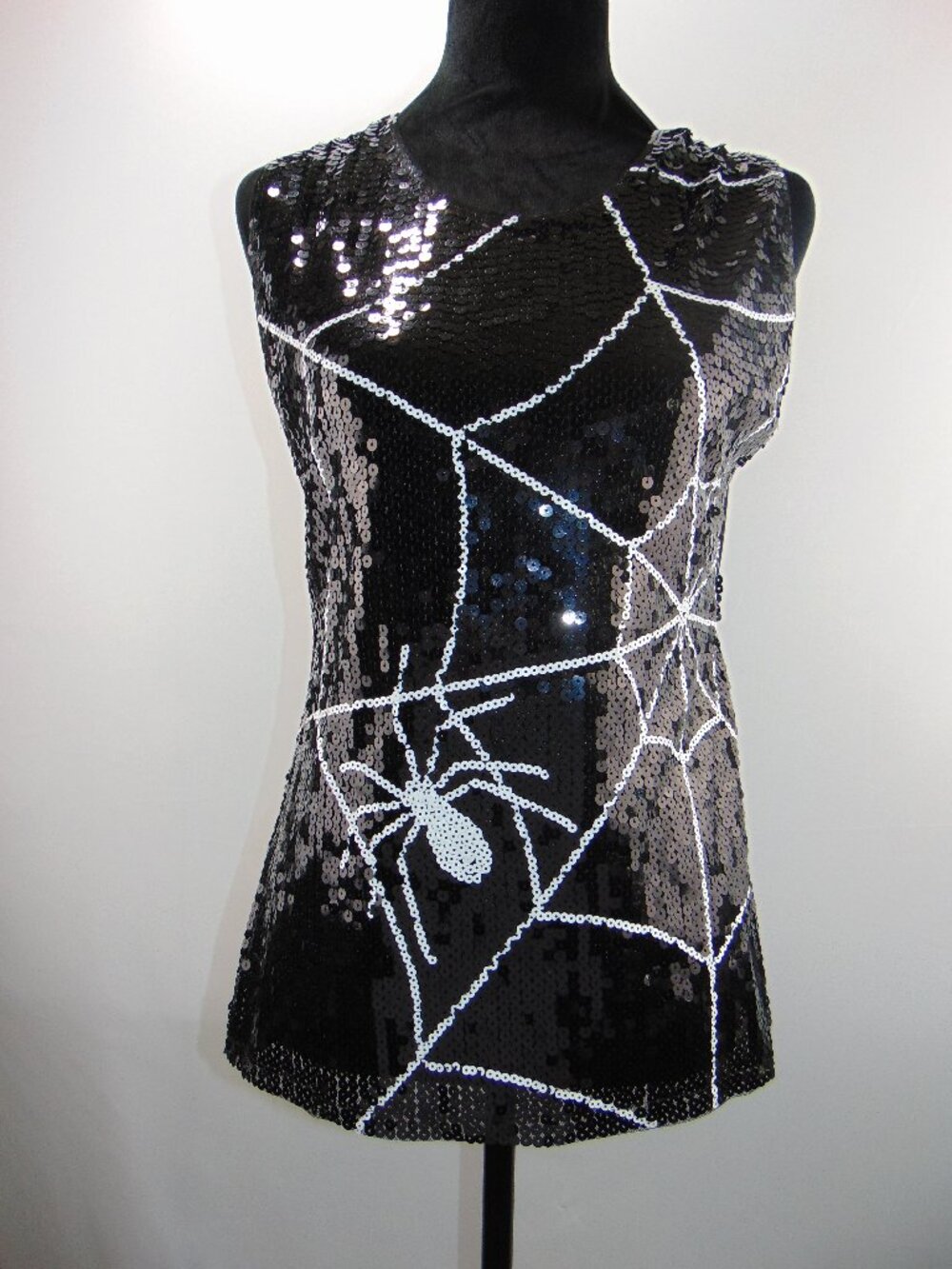 Spider Webb Tank Top Blouse Womens Black White Sequin Whimsy Goth Dark L/XL